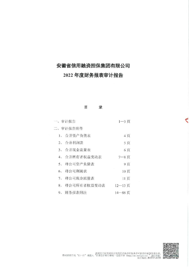 安徽省信用融资担保集团有限公司2022年度经审计的合并及母公司财务报告