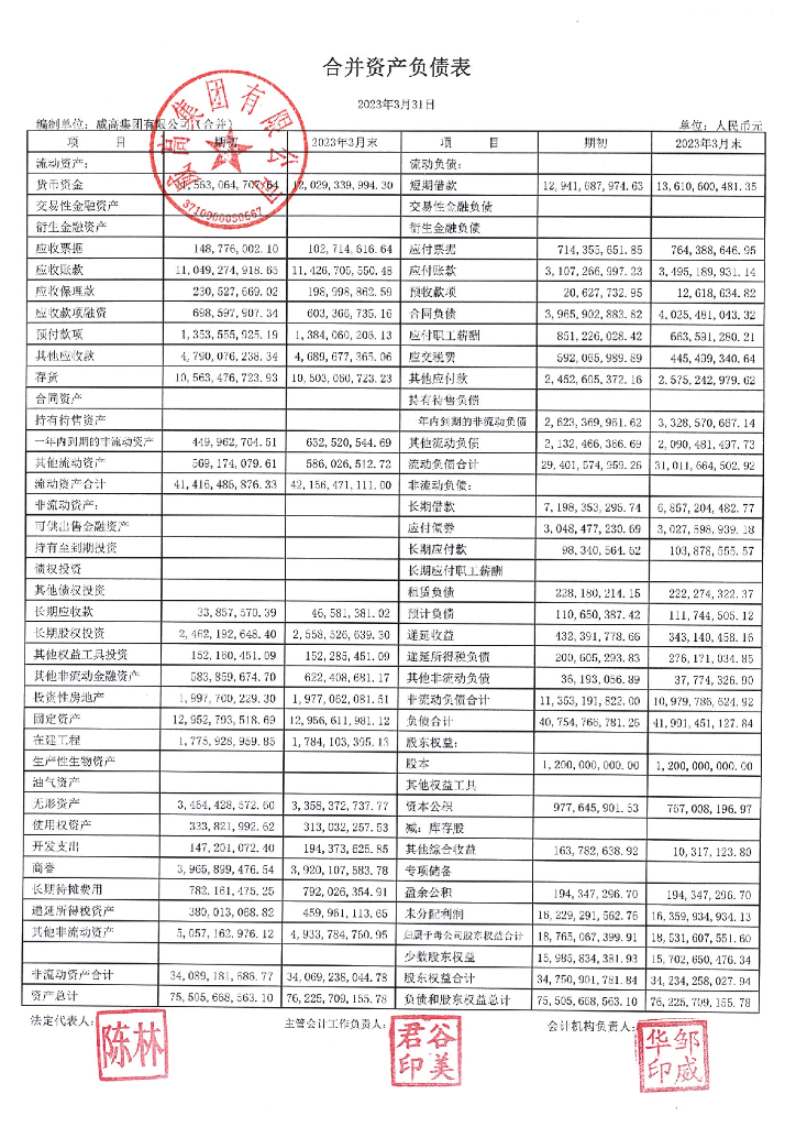 威高集团有限公司2023年一季度合并及母公司财务报表