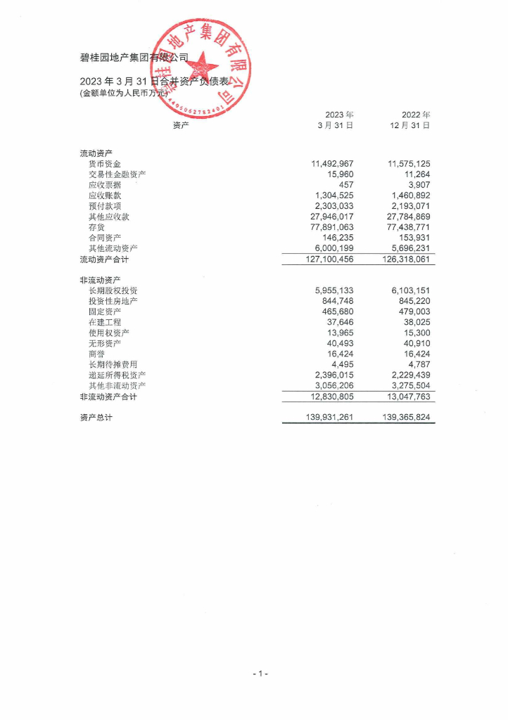 碧桂园地产集团有限公司2023年第一季度财务报表