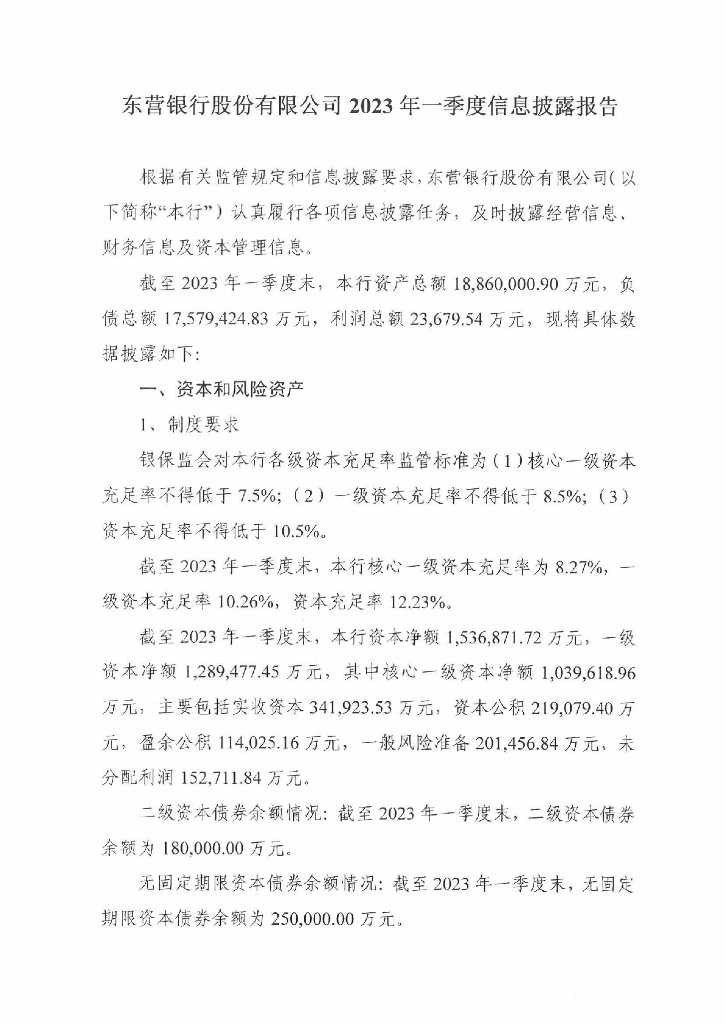 东营银行股份有限公司2023年一季度信息披露报告