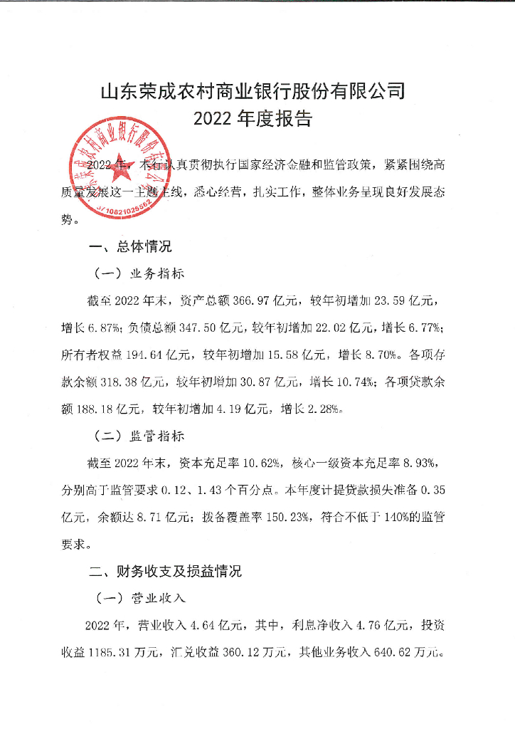 山东荣成农村商业银行股份有限公司2022年度报告