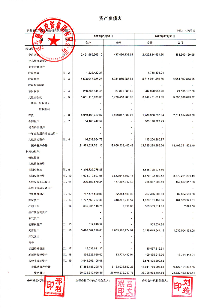 河北顺德投资集团有限公司2023年一季度合并及母公司财务报表