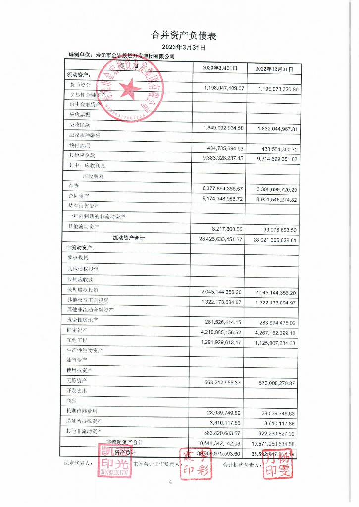 寿光市金宏投资开发集团有限公司2023年一季度财务报表