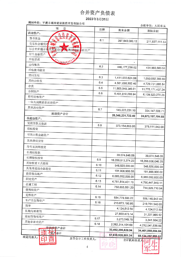 平度市城市建设投资开发有限公司2023年一季度财务报表