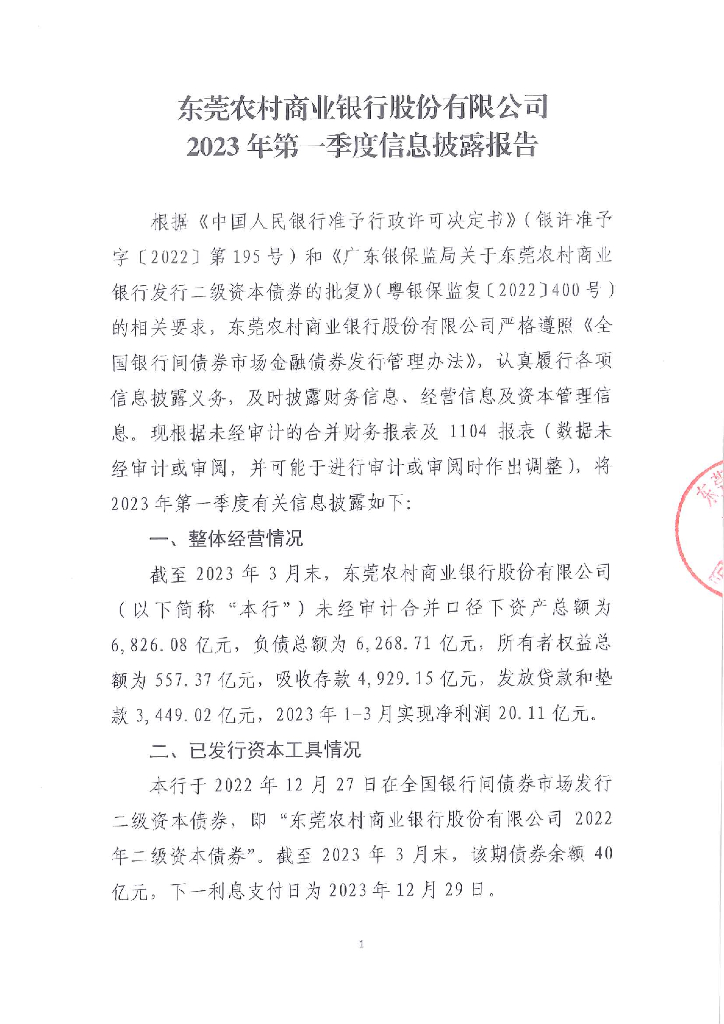 东莞农村商业银行股份有限公司2023年第一季度信息披露报告