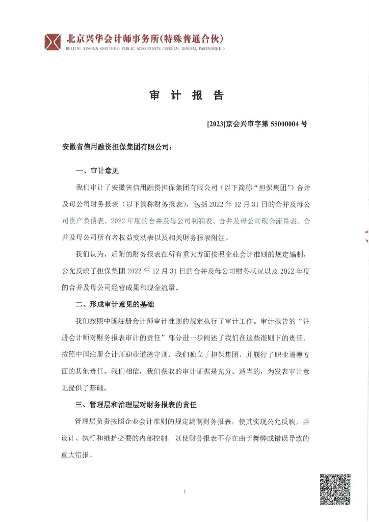 安徽省信用融资担保集团有限公司2022年度经审计的合并及母公司财务报告