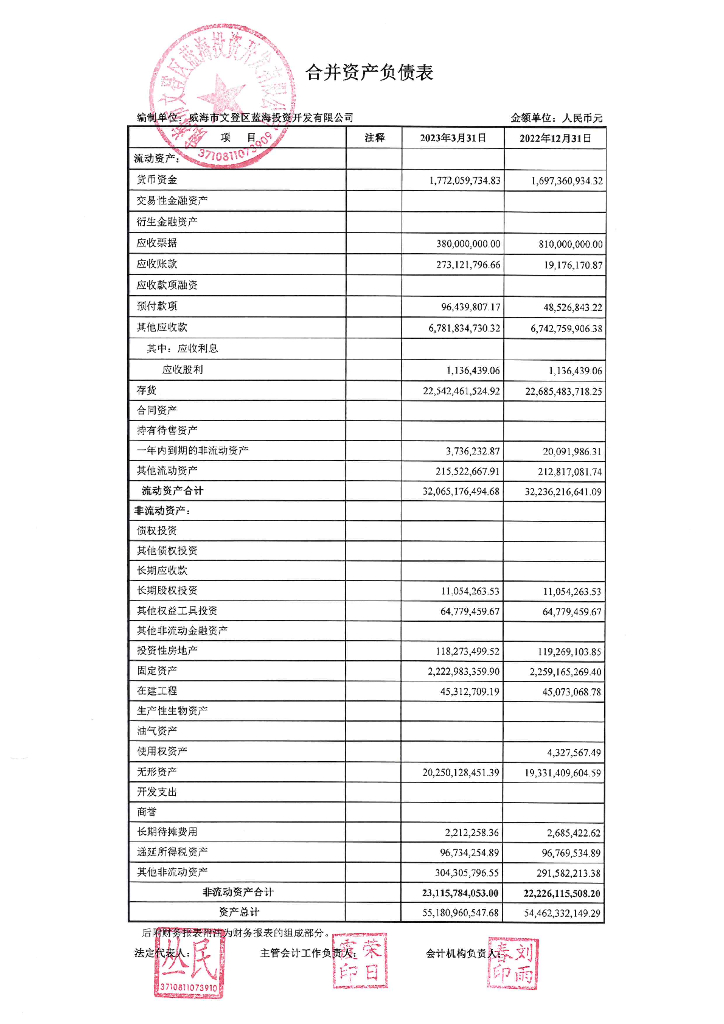 威海市文登区蓝海投资开发有限公司2023年一季度财务报表
