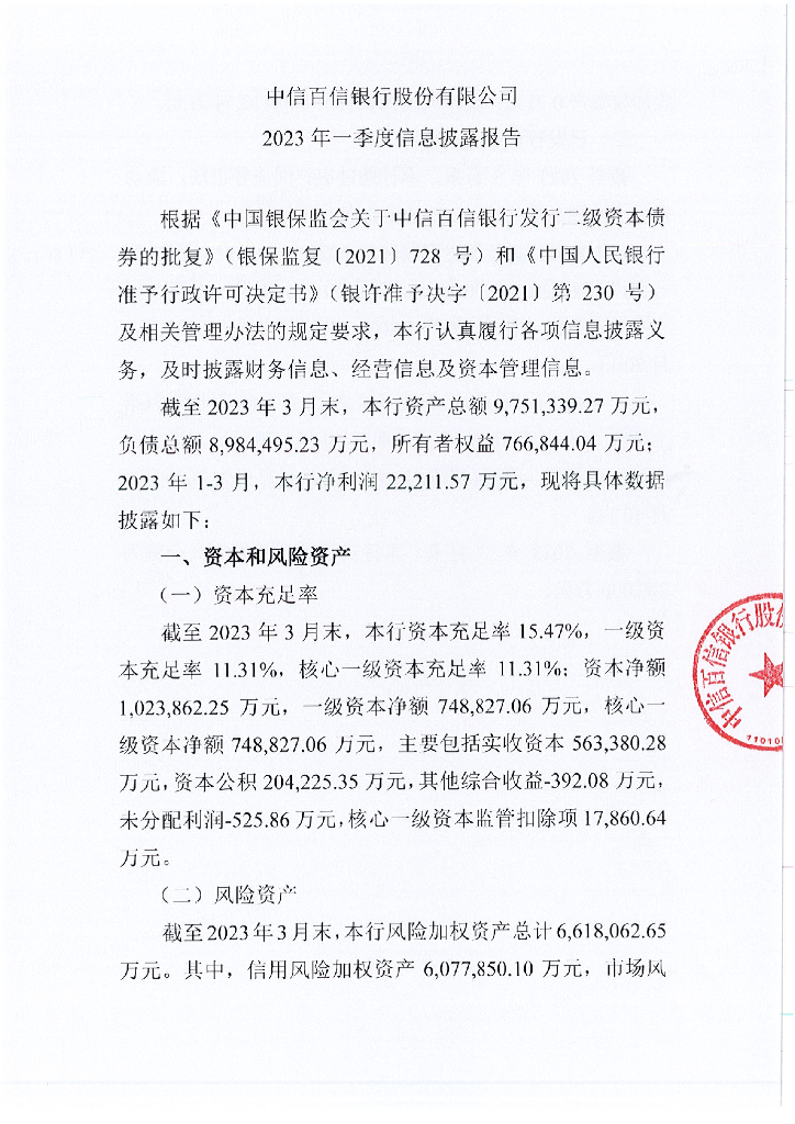 百信银行二级资本债2023年一季度信息披露报告