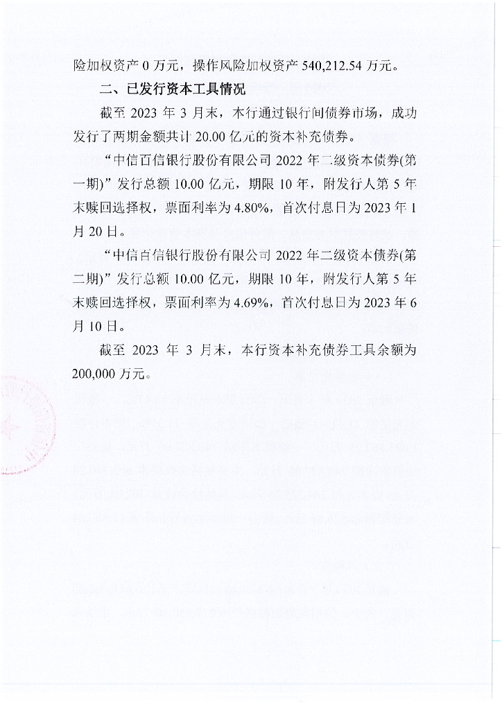 百信银行二级资本债2023年一季度信息披露报告