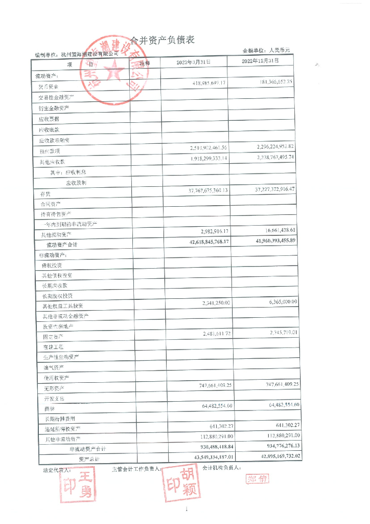 杭州望海潮建设有限公司2023年第一季度财务报表