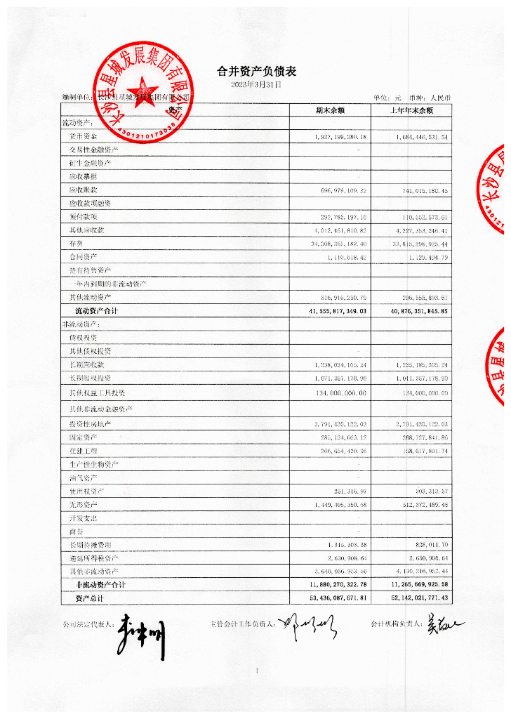 长沙县星城发展集团有限公司2023年一季度合并及母公司财务报表