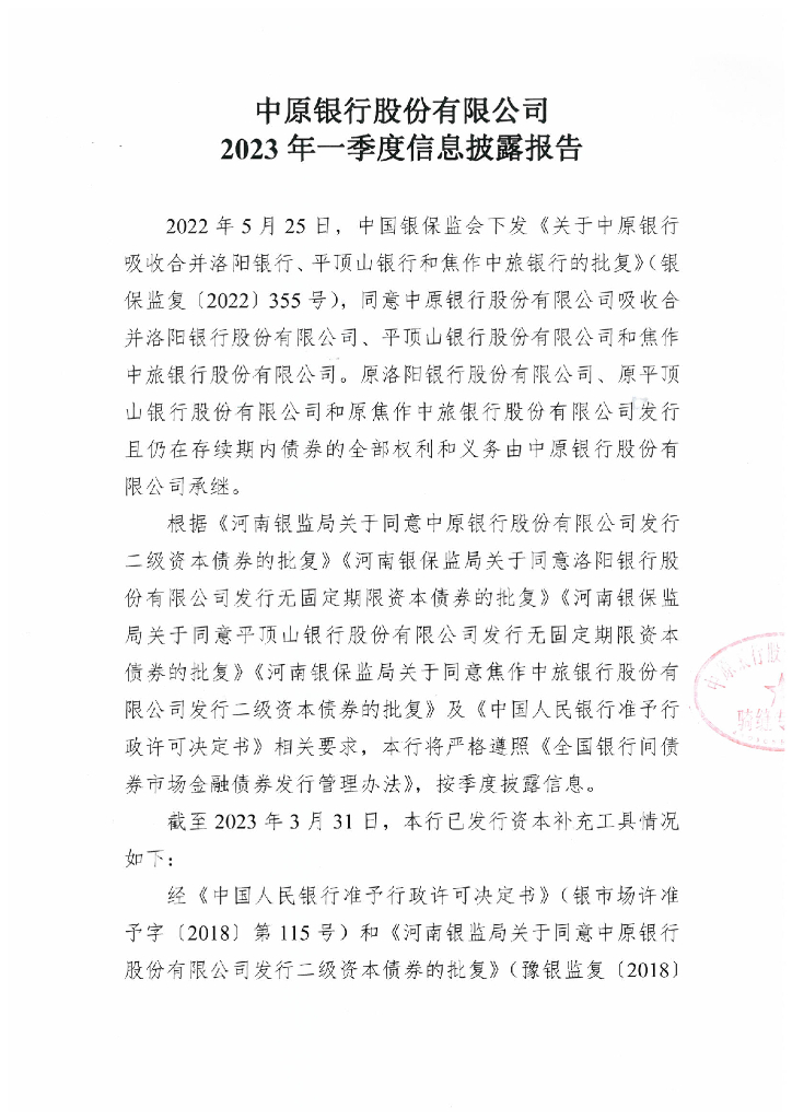 中原银行股份有限公司2023年一季度信息披露报告
