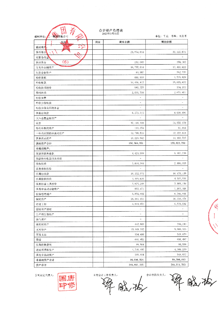 三一集团有限公司2023年一季度财务报表