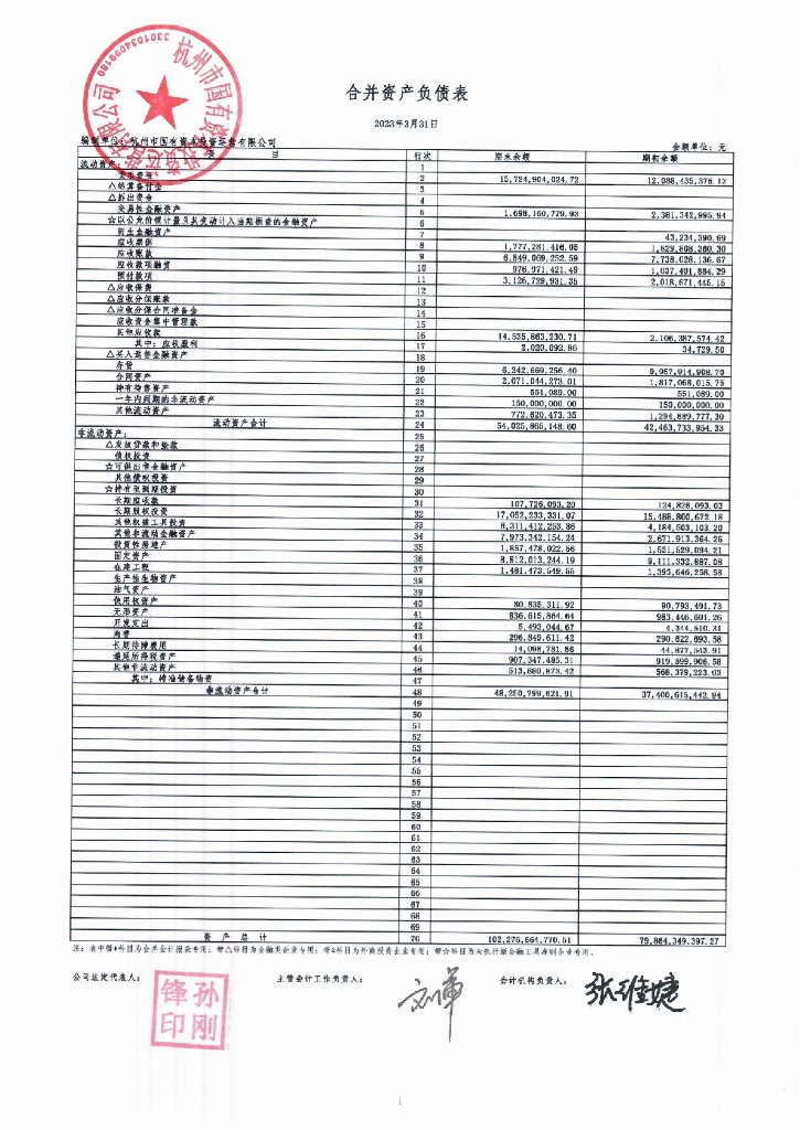 杭州市国有资本投资运营有限公司2023年一季度财务报表
