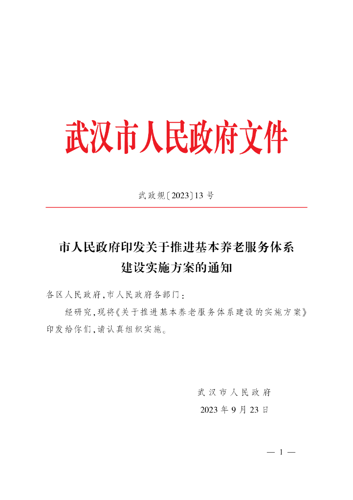 武汉市人民政府：关于推进基本养老服务体系建设的实施方案