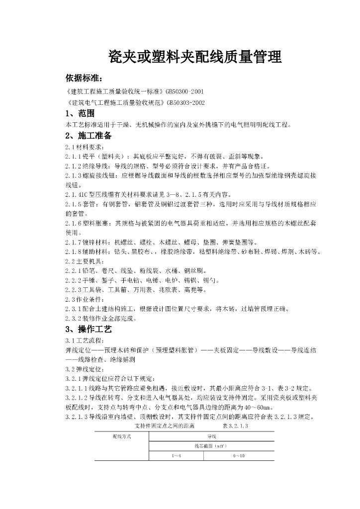 瓷夹或塑料夹配线质量管理