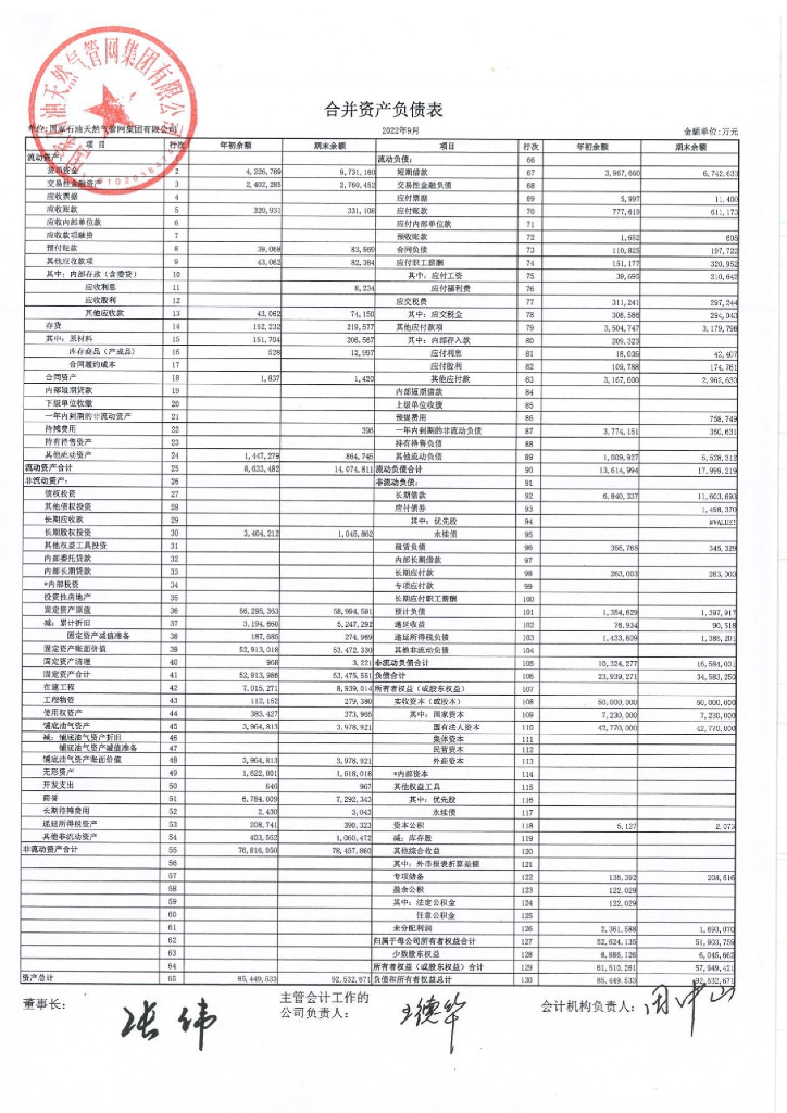 国家石油天然气<em>管网</em>集团有限公司2022年三季度合并及母公司财务报表