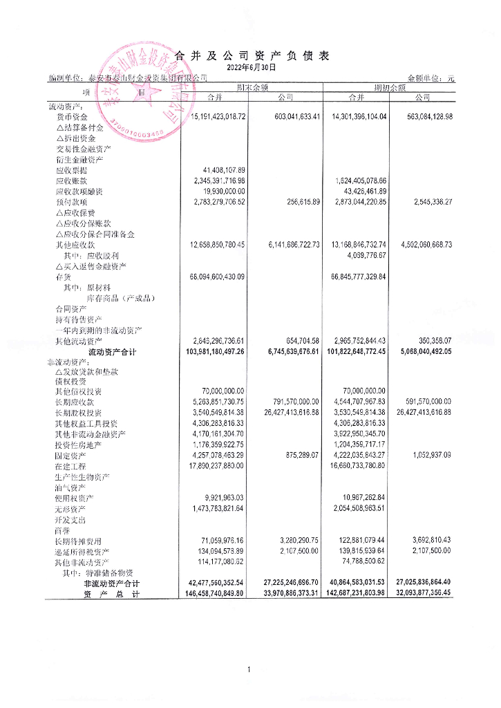 泰安市泰山财金投资集团有限公司2022年半年度合并及母公司财务报表