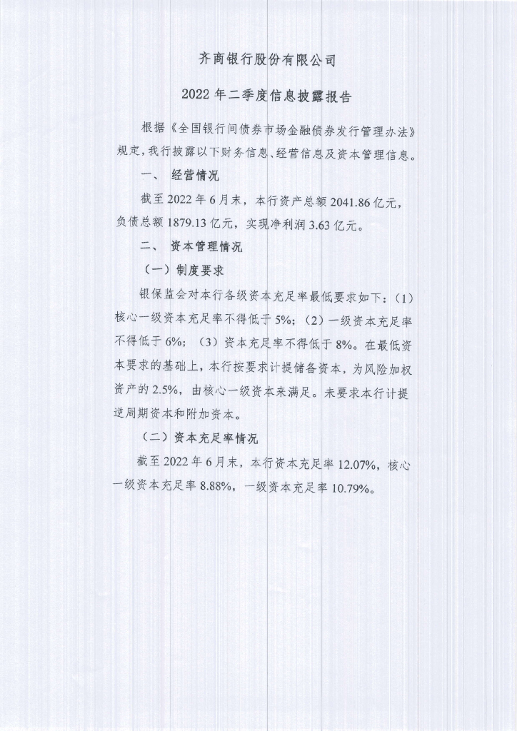 齐商银行股份有限公司2022年半年报信息披露报告