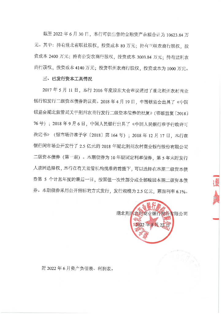 湖北荆州农村商业银行股份有限公司2022年2季度信息披露报告