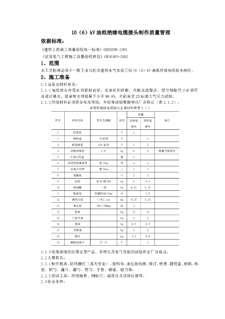 油纸绝缘电缆接头制作质量管理