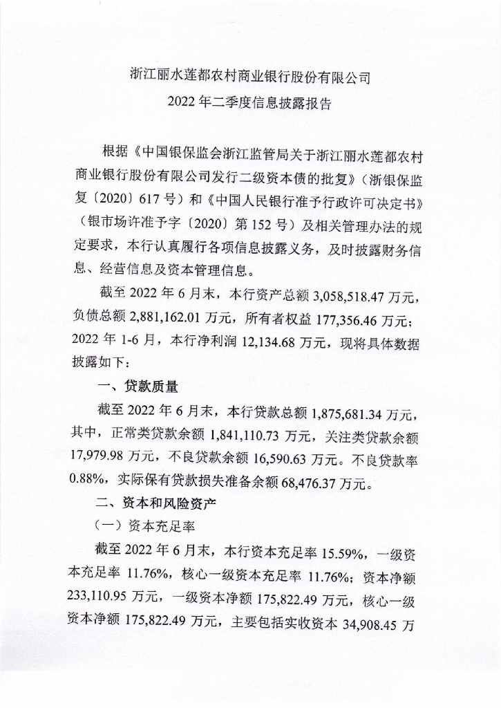 浙江丽水莲都农村商业银行股份有限公司2022年二季度信息披露报告