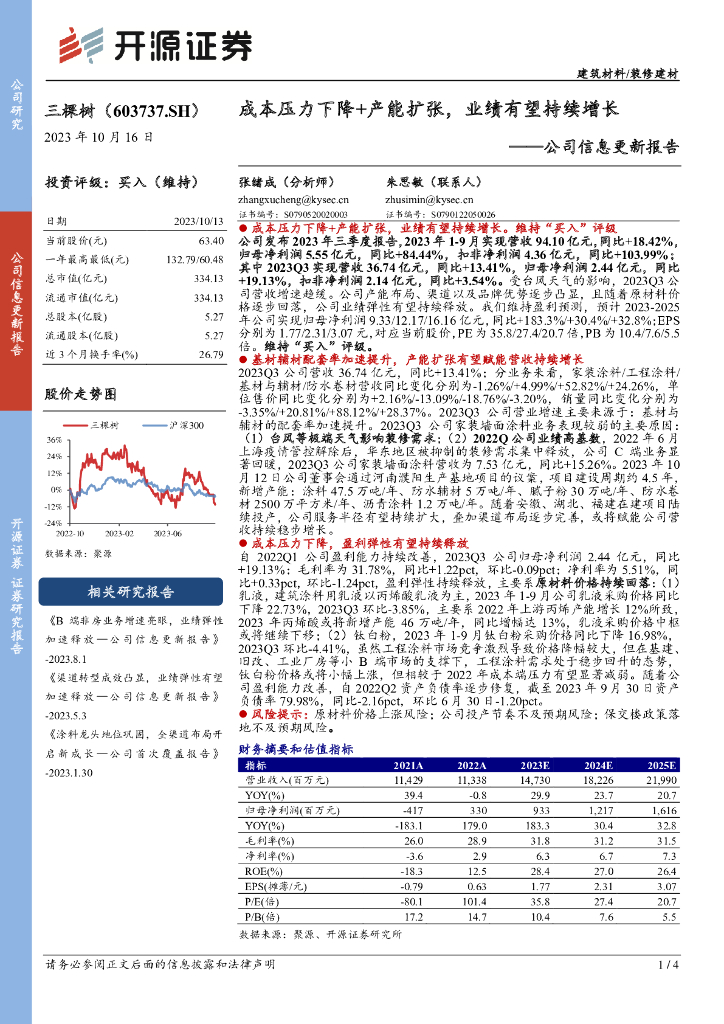 开源证券：三棵树（603737）-公司信息更新报告：成本压力下降+产能扩张，业绩有望持续增长