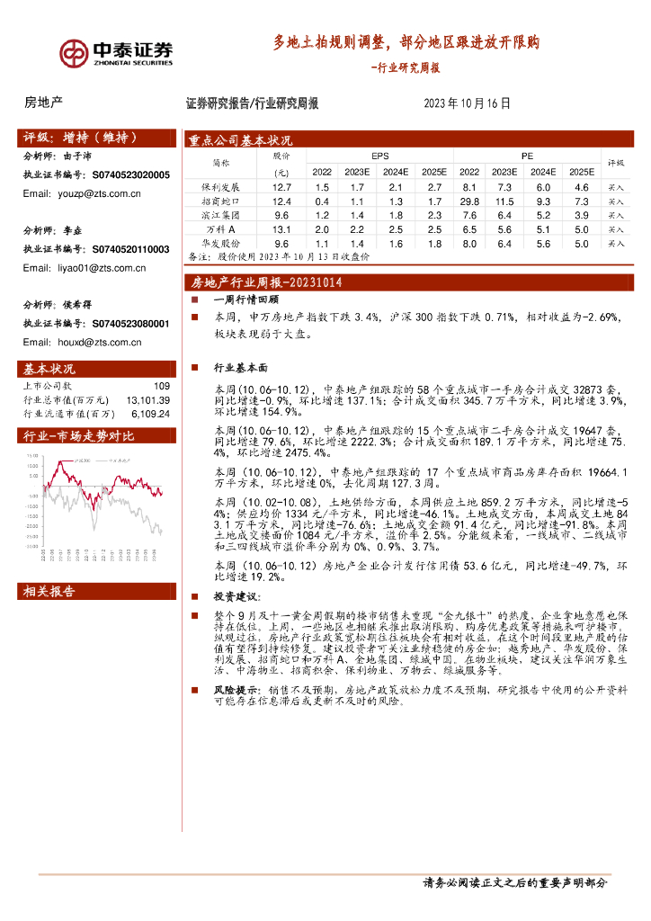 中泰证券:房地产行业研究周报:多地土拍规则调整,部分地区跟进放开限购