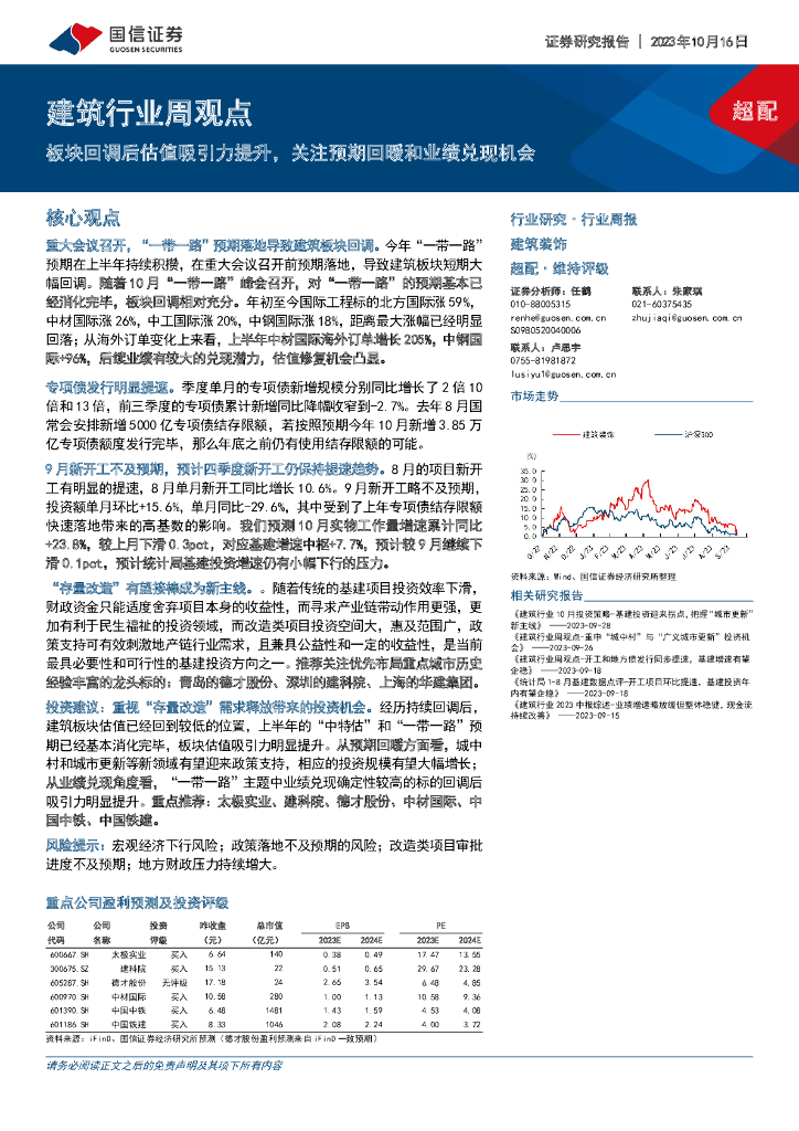 国信证券：建筑行业周观点：板块回调后估值吸引力提升，关注预期回暖和业绩兑现机会