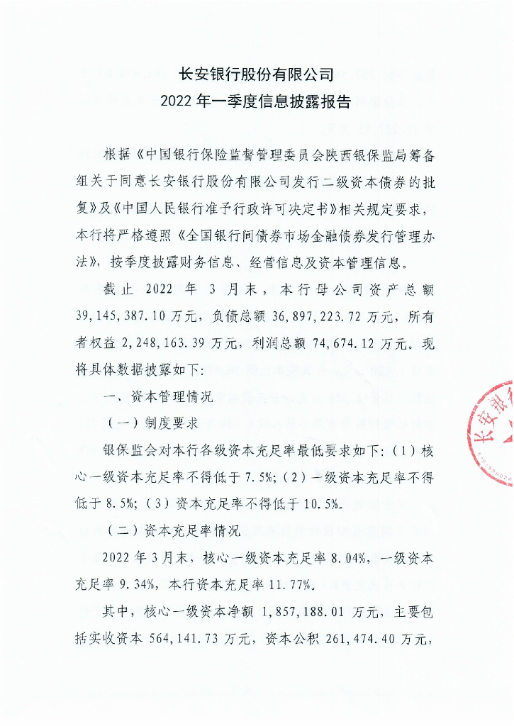 长安银行股份有限公司2022年一季度信息披露报告