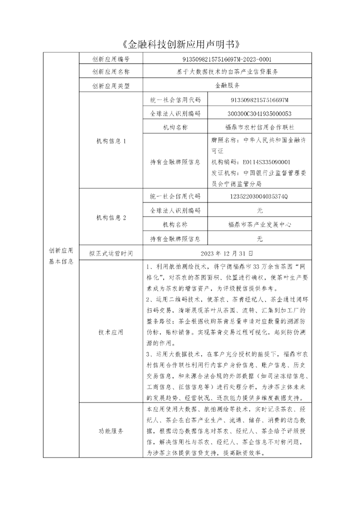 金融科技创新应用声明书：基于大数据技术的白茶信贷服务