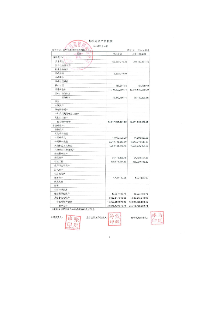 西宁城市投资管理有限公司2022年1季度财务报表