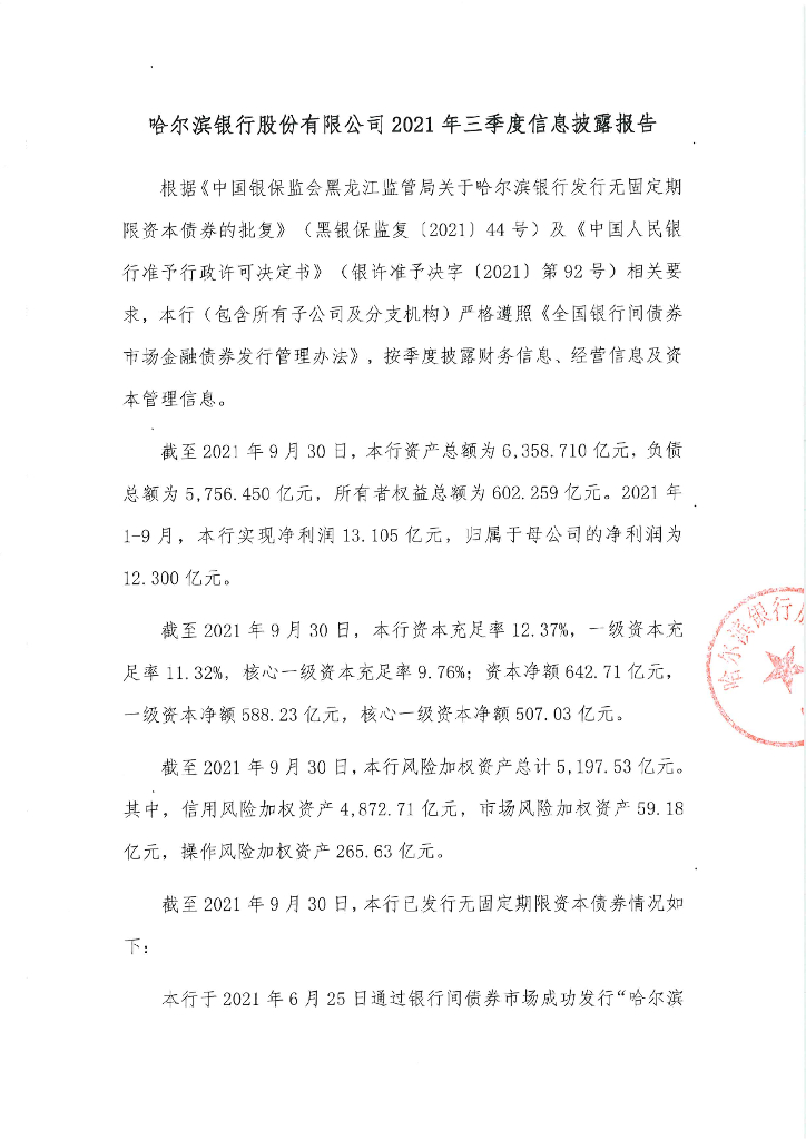 哈尔滨银行股份有限公司2021年三季度信息披露报告