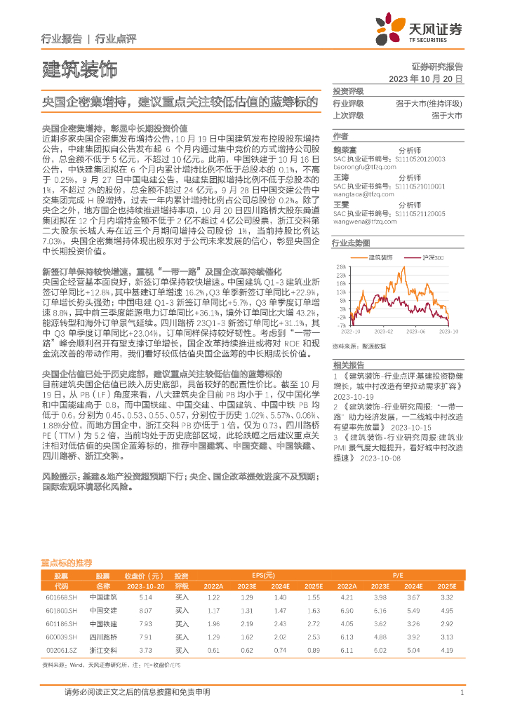 天风证券：建筑装饰行业点评：央国企密集增持，建议重点关注较低估值的蓝筹标的