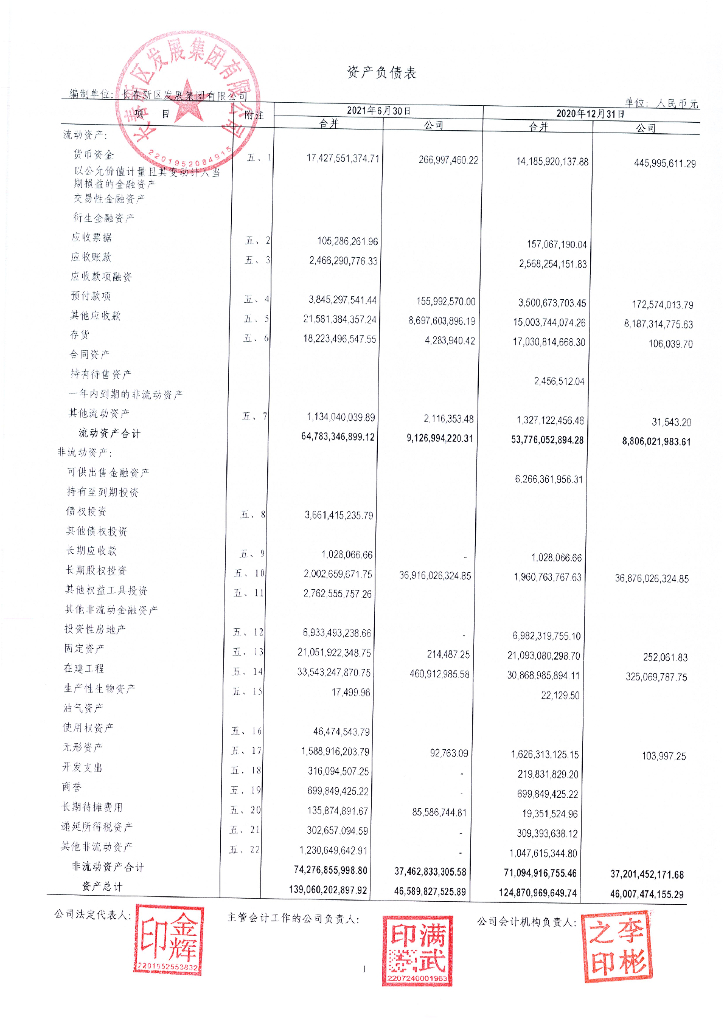长春新区发展集团有限公司2021年度半年度合并及母公司财务报表