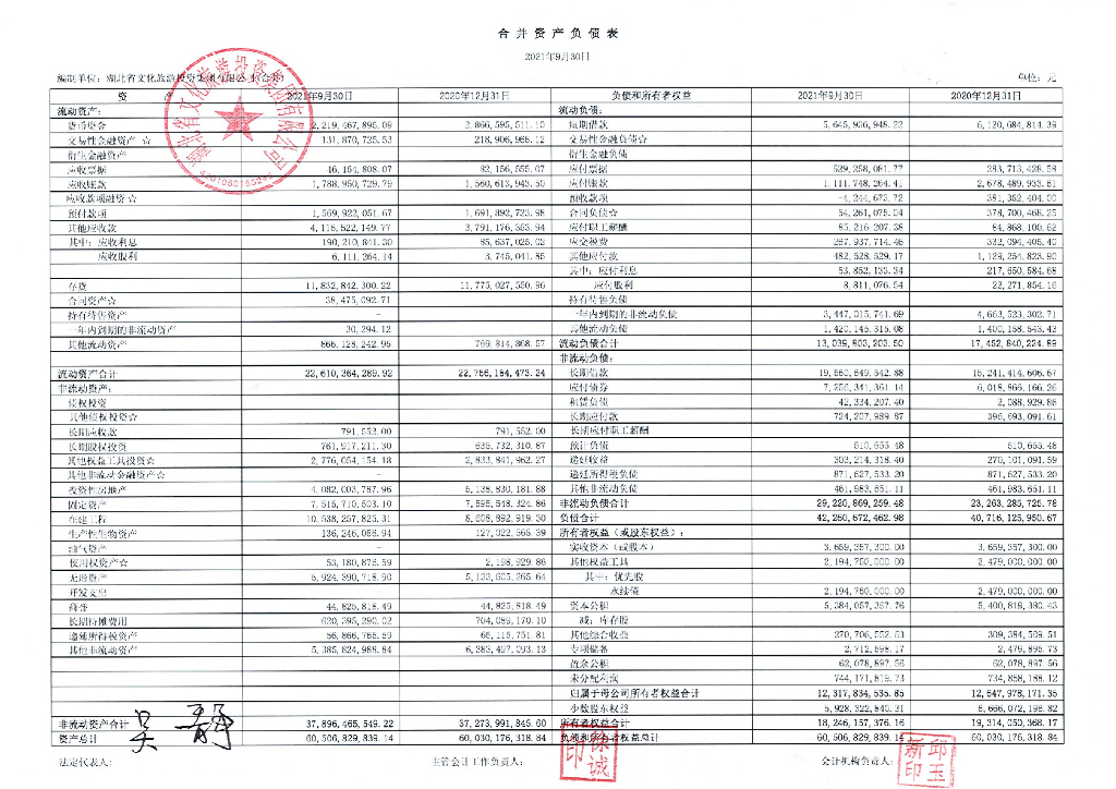 湖北省文化<em>旅游</em>投资集团有限公司2021年三季度合并及母公司财务报表