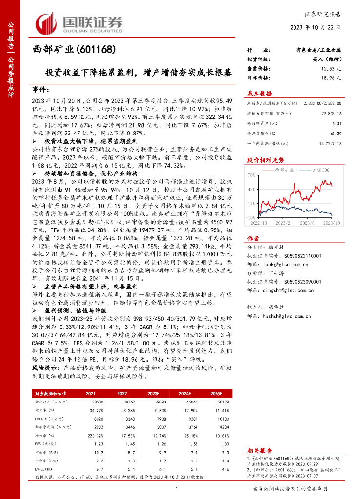 国联证券：西部矿业（601168）-投资收益下降拖累盈利，增产增储夯实成长根基