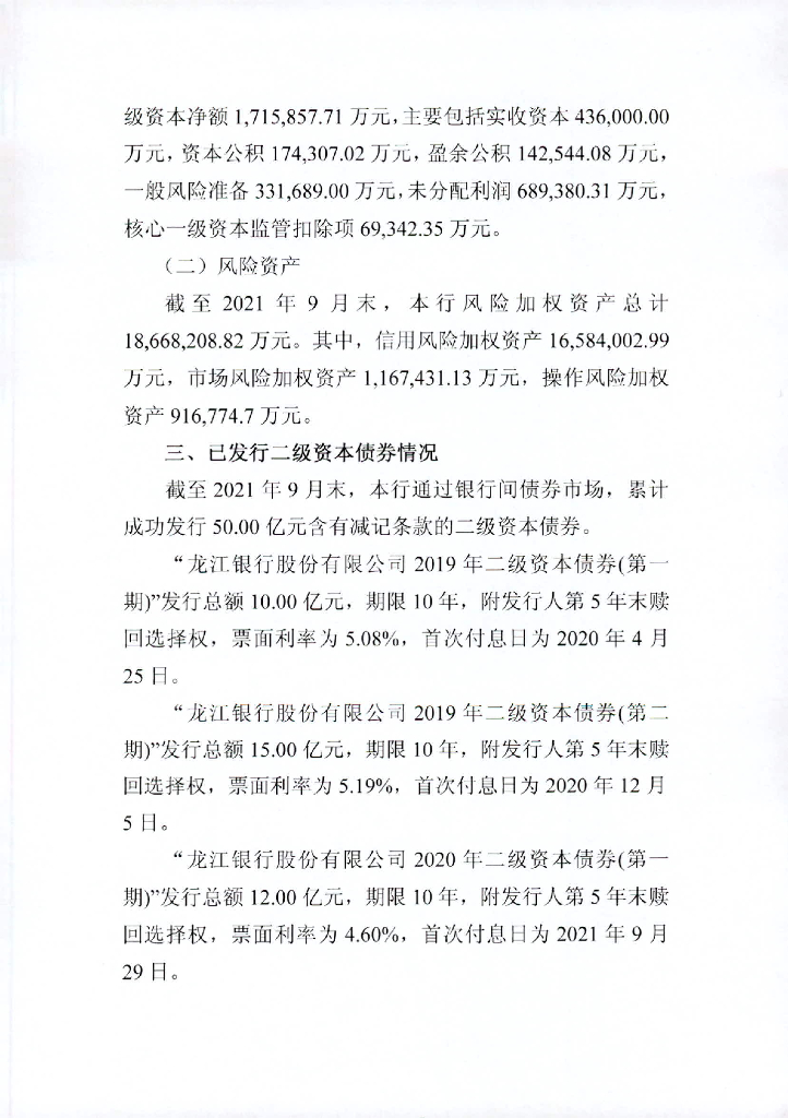 龙江银行股份有限公司2021年三季度信息披露报告