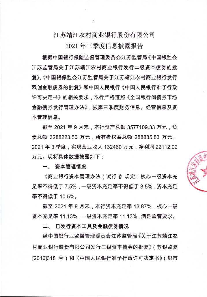 江苏靖江农村商业银行股份有限公司2021年三季度信息披露报告