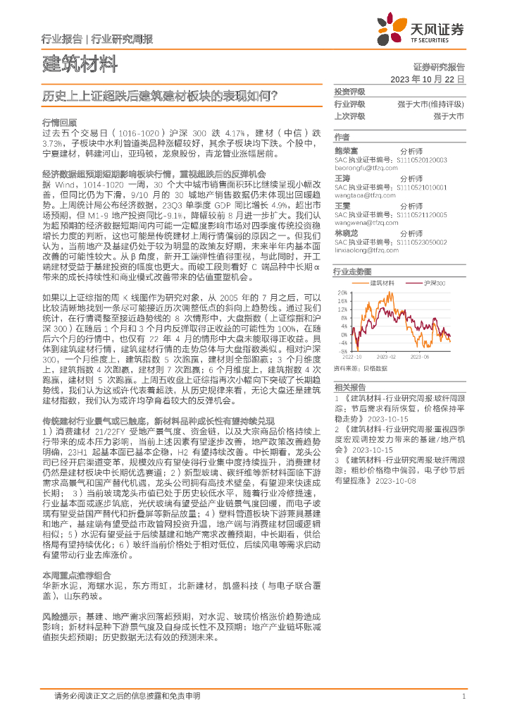天风证券：建筑材料行业研究周报：历史上上证超跌后建筑建材板块的表现如何？