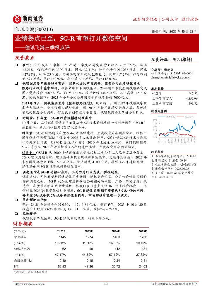 浙商证券：佳讯飞鸿三季报点评：业绩拐点已至，5G-R有望打开数倍空间 海报