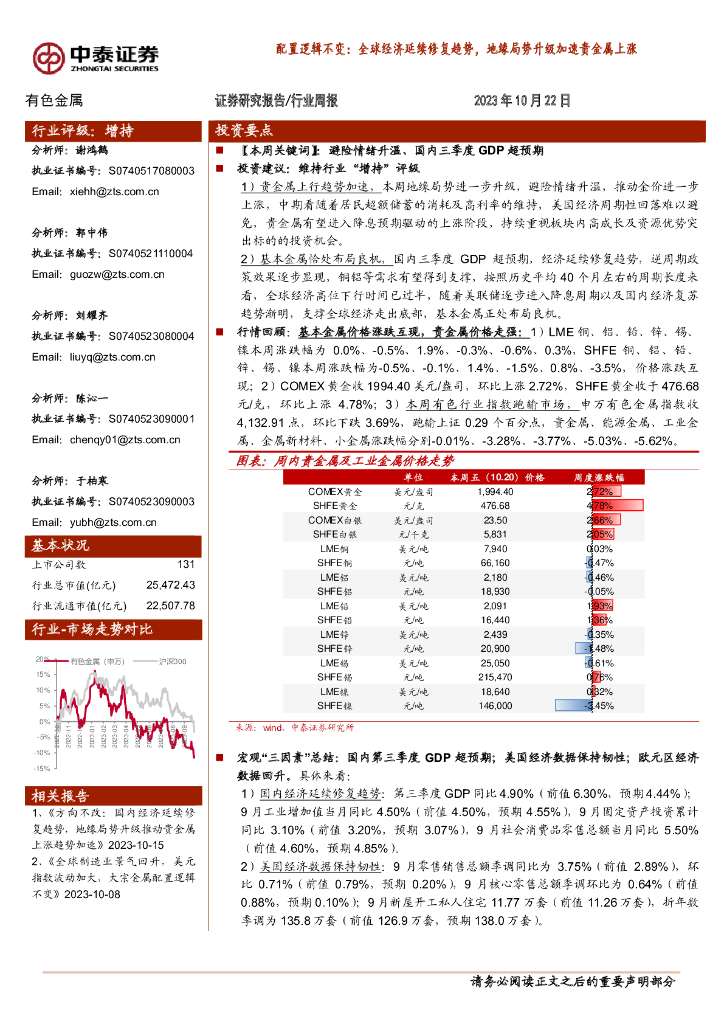 中泰证券：有色金属行业周报：配置逻辑不变：全球经济延续修复趋势，地缘局势升级加速贵金属上涨