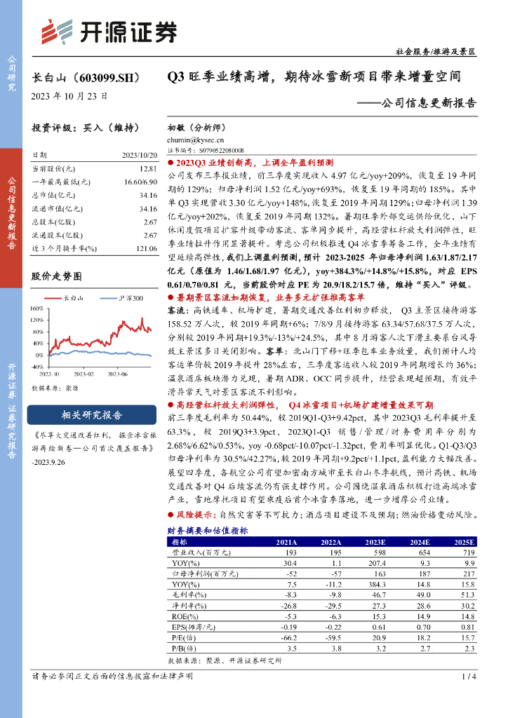开源证券：长白山（603099）-公司信息更新报告：Q3旺季业绩高增，期待冰雪新项目带来增量空间