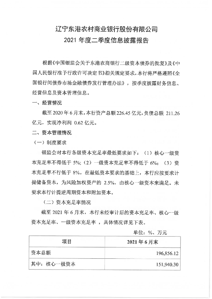 16东港农商二级：辽宁东港农村商业银行股份有限公司2021年二季度信息披露报告