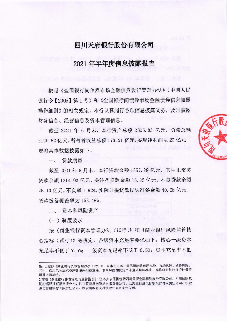 四川天府银行股份有限公司2021年半年度信息披露报告