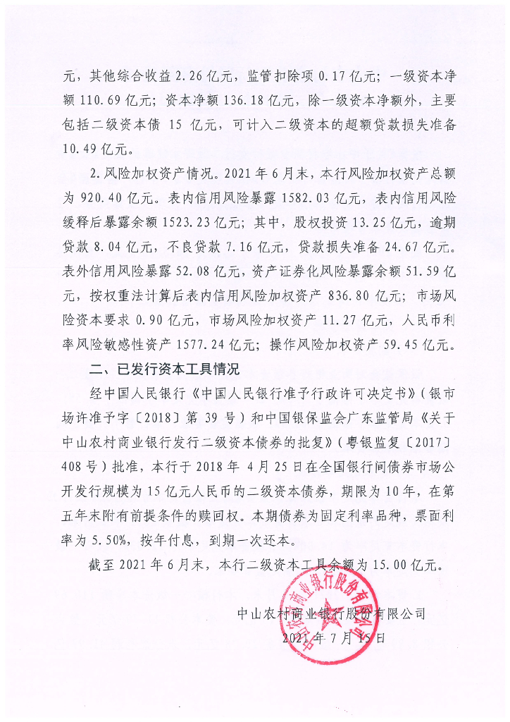 中山农村商业银行股份有限公司2021年二季度信息披露报告