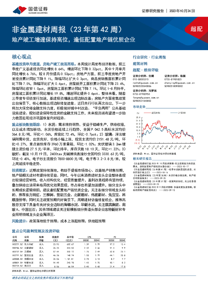 国信证券：非金属建材周报（23年第42周）：地产竣工增速保持高位，逢低配置地产链优质企业