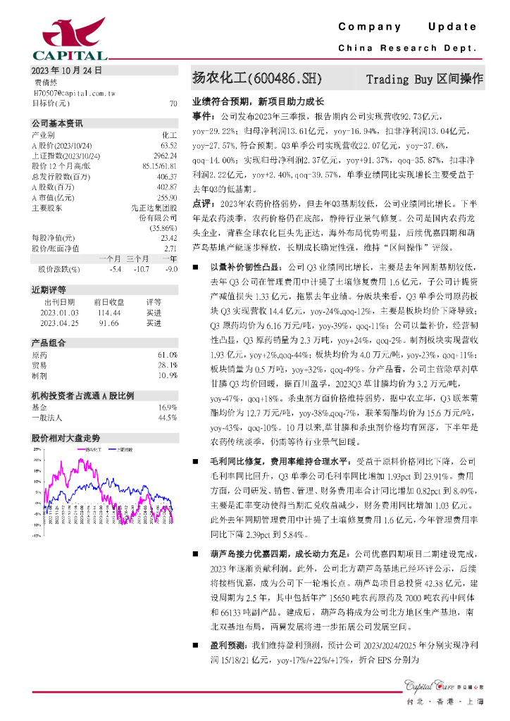 群益证券：扬农<em>化工</em>（600486）-业绩符合预期，新项目助力成长
