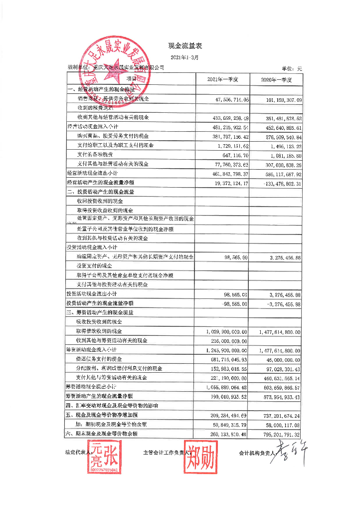 重庆大足永晟实业发展有限公司2021年一季度财务报表