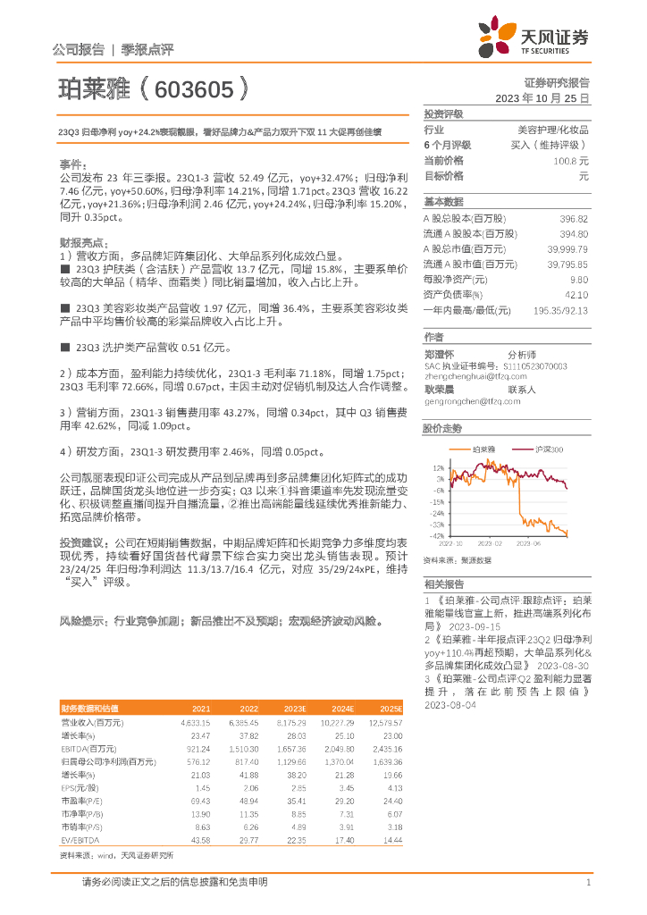 天风证券：珀莱雅（603605）-23Q3归母净利yoy+24.2%表现靓眼，看好品牌力&产品力双升下双11大促再创佳绩